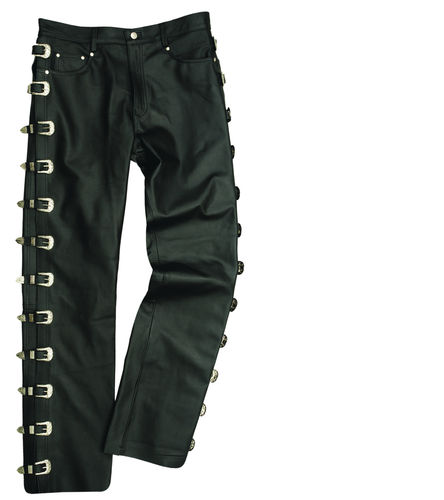 Motorcycle leather pants with buckels in black