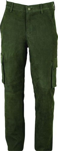Cargo Hunting Leather Trousers long in Real Nubuck Leather green Olive
